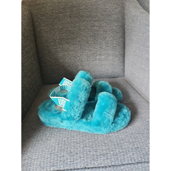 UGG Fluff Yeah Slingback Slides Turquoise Faux Fur Open Toes Size 7 - Picture 1 of 8